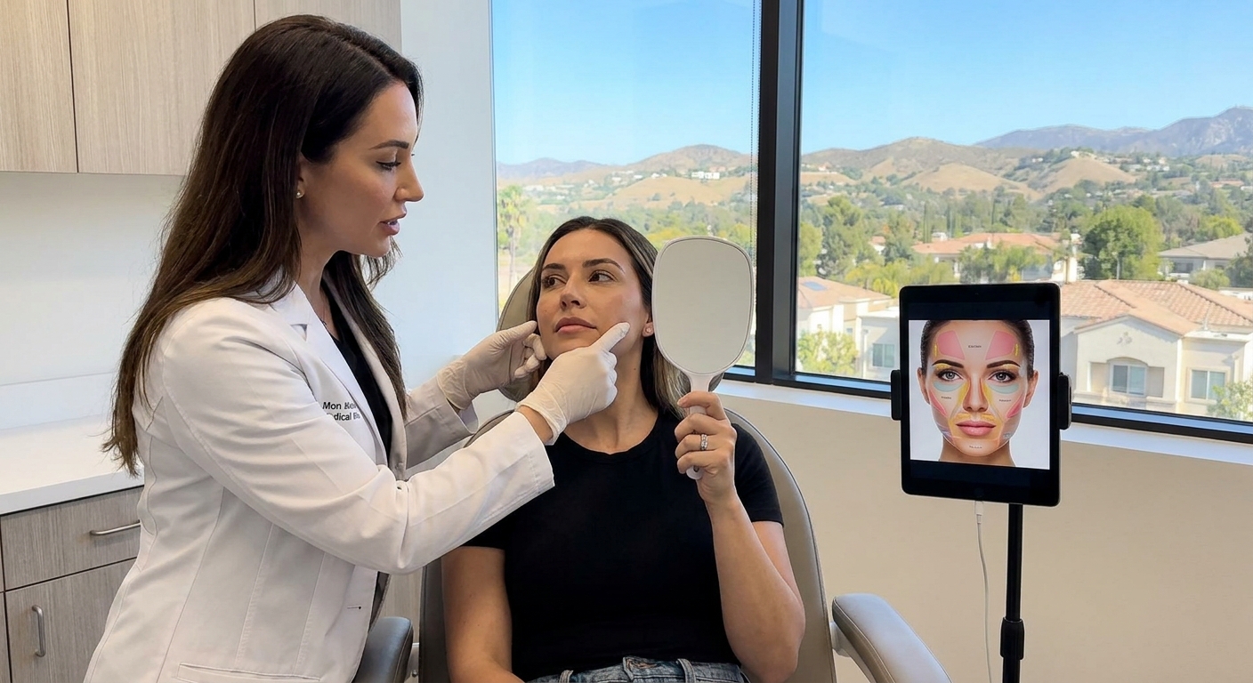 Dermal fillers treatment areas in Woodland Hills, including cheeks, lips, jawline, under eyes, and hands